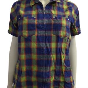Venezia Jeans Blue Plaid Cotton Zipper Short Sleeve Shirt